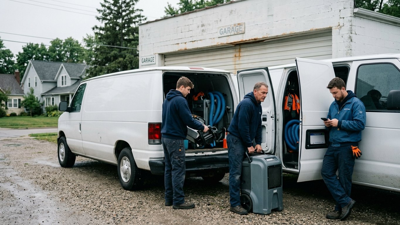 A2 Water Damage Restoration crew with their equipment in Ann Arbor