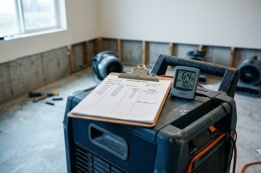 Air movers and a dehumidifier drying a room down to the studs