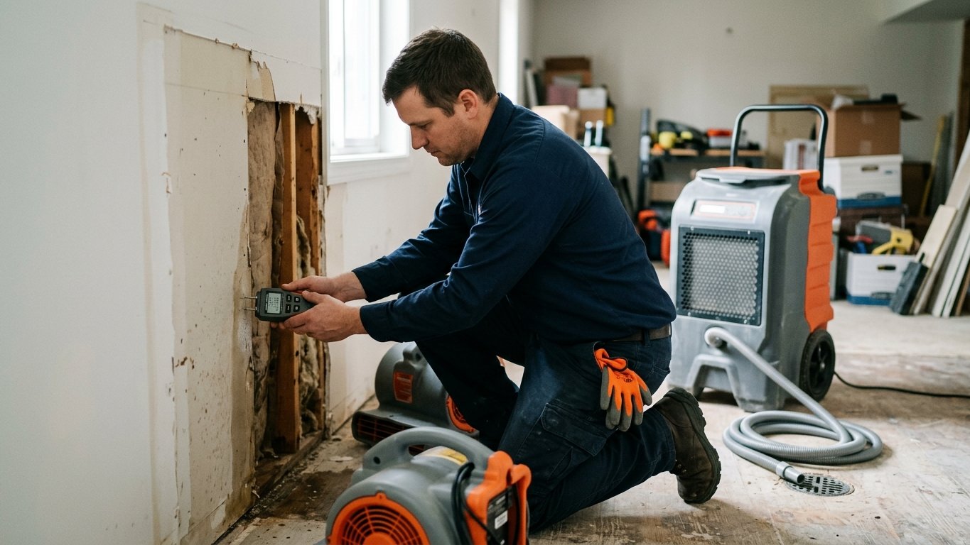 Technician checking a moisture meter on a drywall surface beside air movers