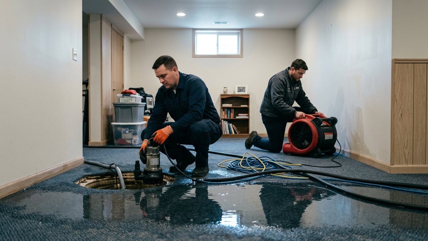 Flooded basement being pumped out by restoration technicians