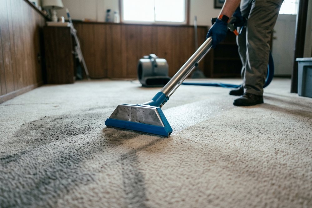 Clean extraction lanes across a freshly cleaned living room carpet