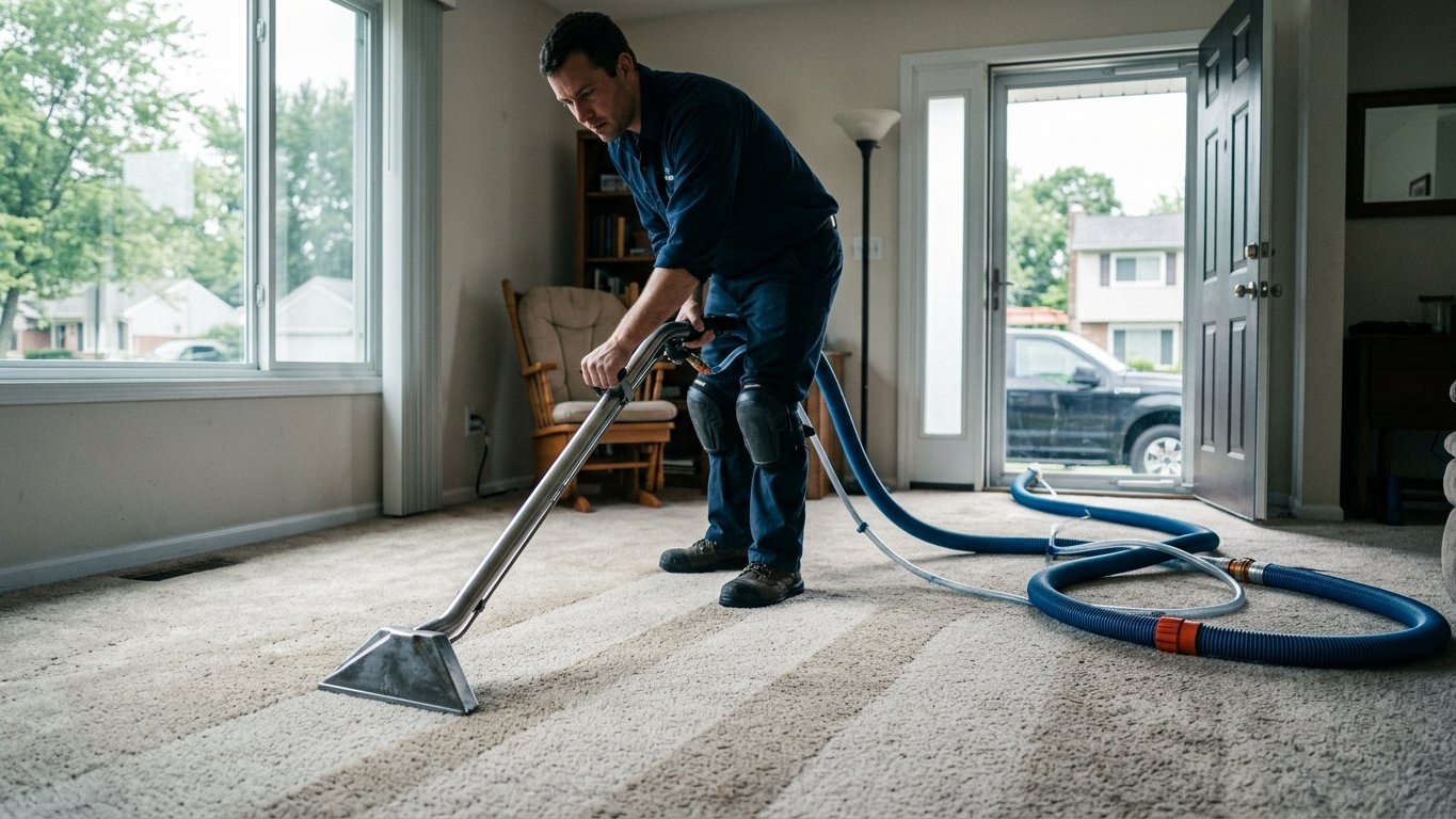 Technician deep cleaning carpet with a truck-mounted hot water extraction wand