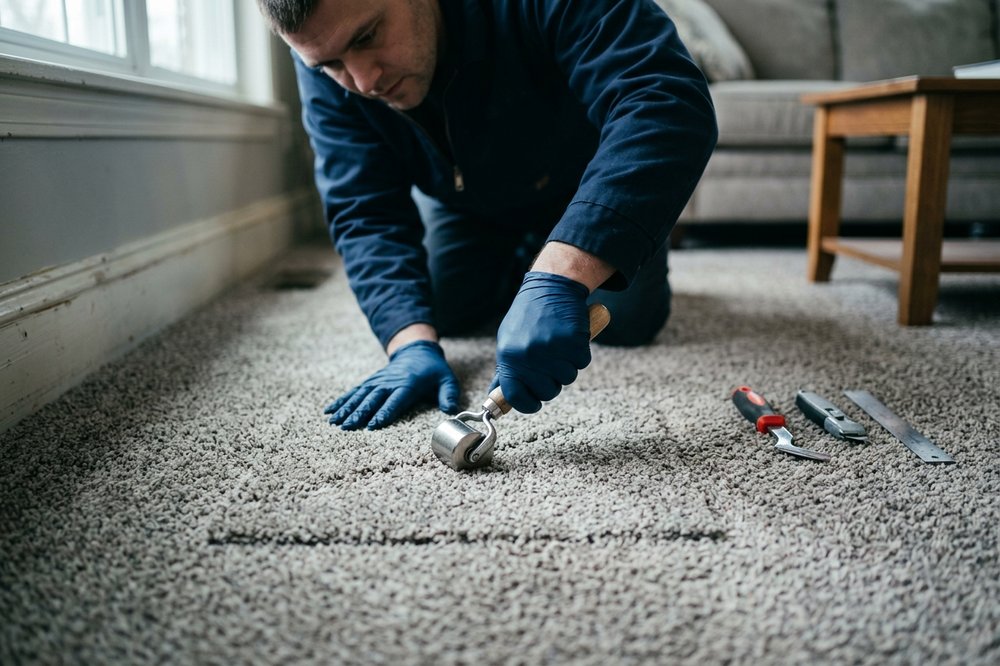 Power stretcher pulling carpet taut during a re-stretching repair