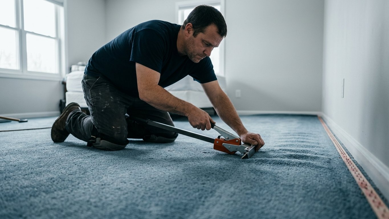 Technician seaming a carpet patch into a repaired section of flooring