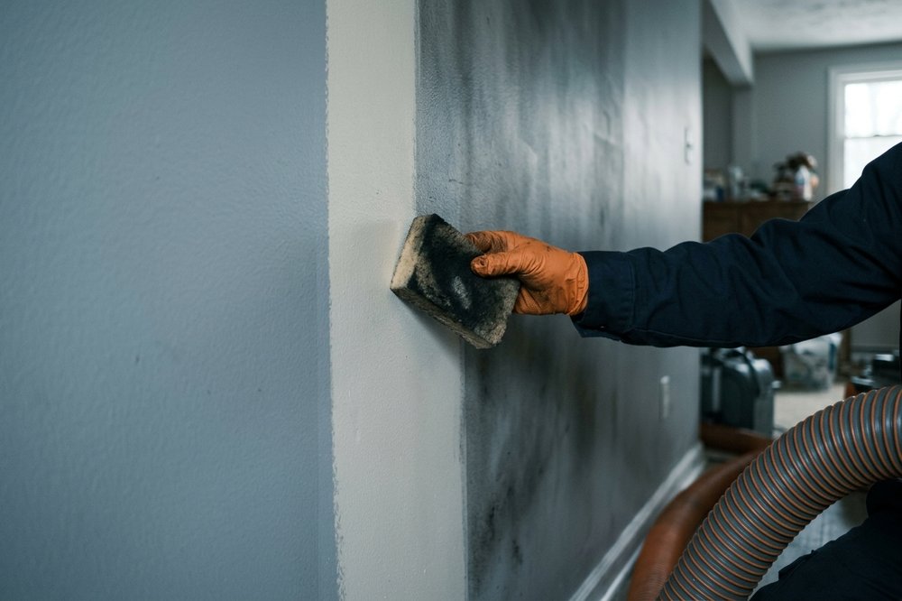 Soot and smoke residue on a kitchen wall being assessed with drying equipment nearby