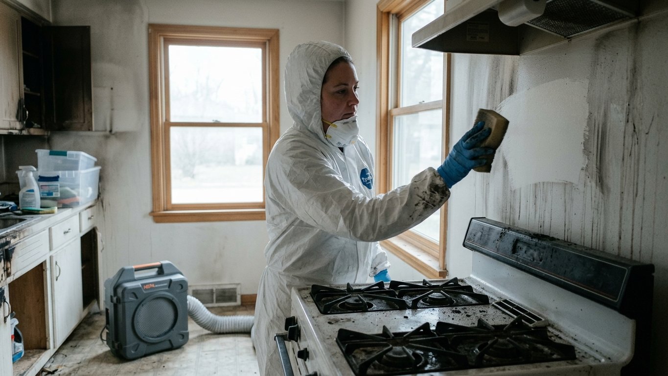 Restoration technician cleaning soot residue from a wall after a house fire