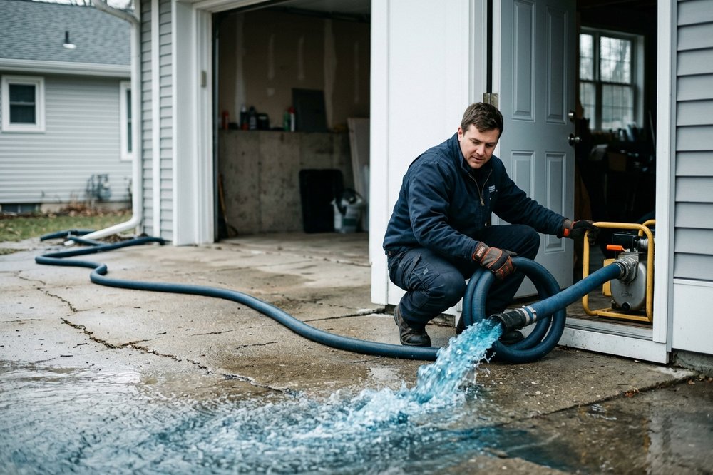 Flood water being extracted from carpet in an Ann Arbor home