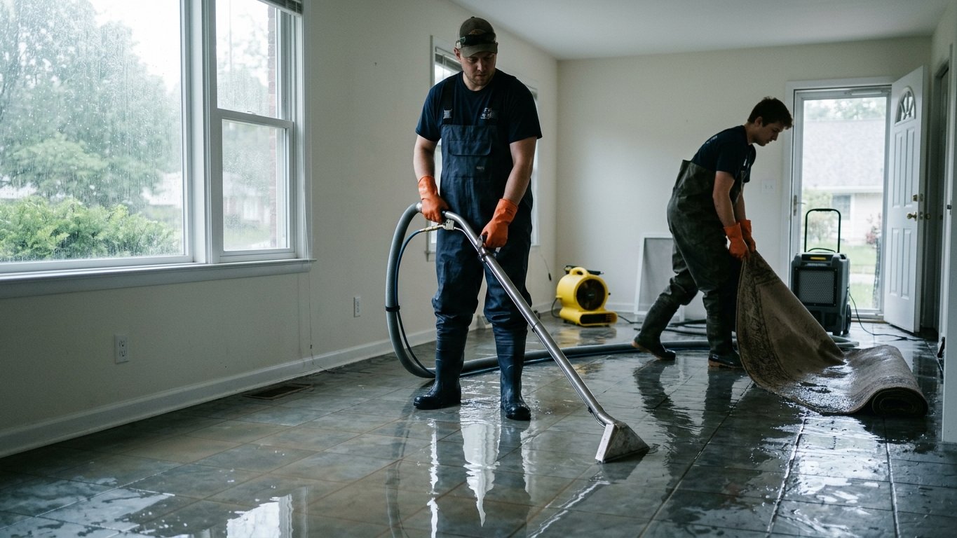 Technician extracting flood water from a home with truck-mounted equipment