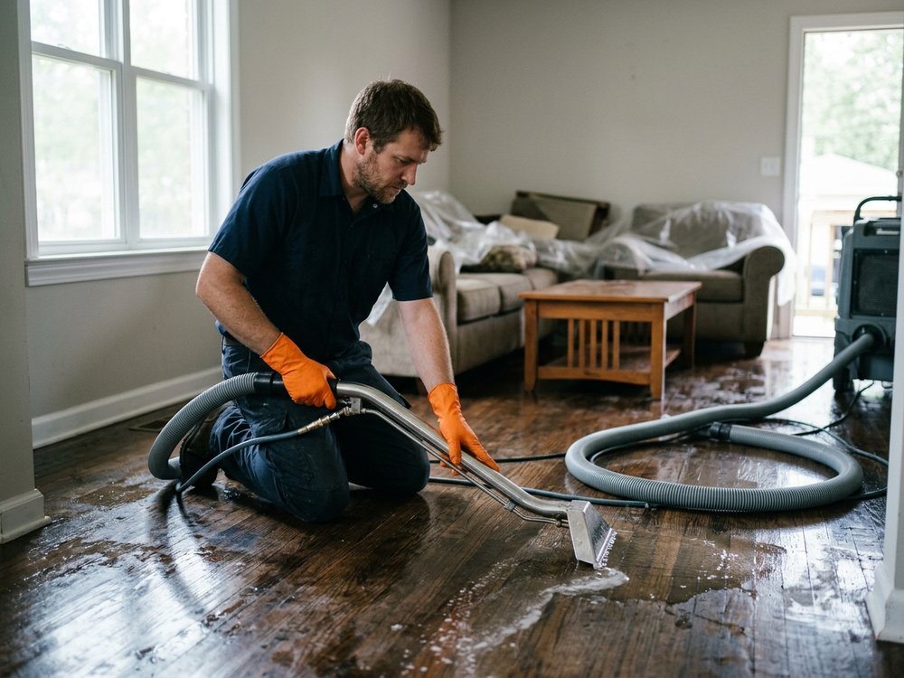 Restoration technician extracting standing water from a flooded living room