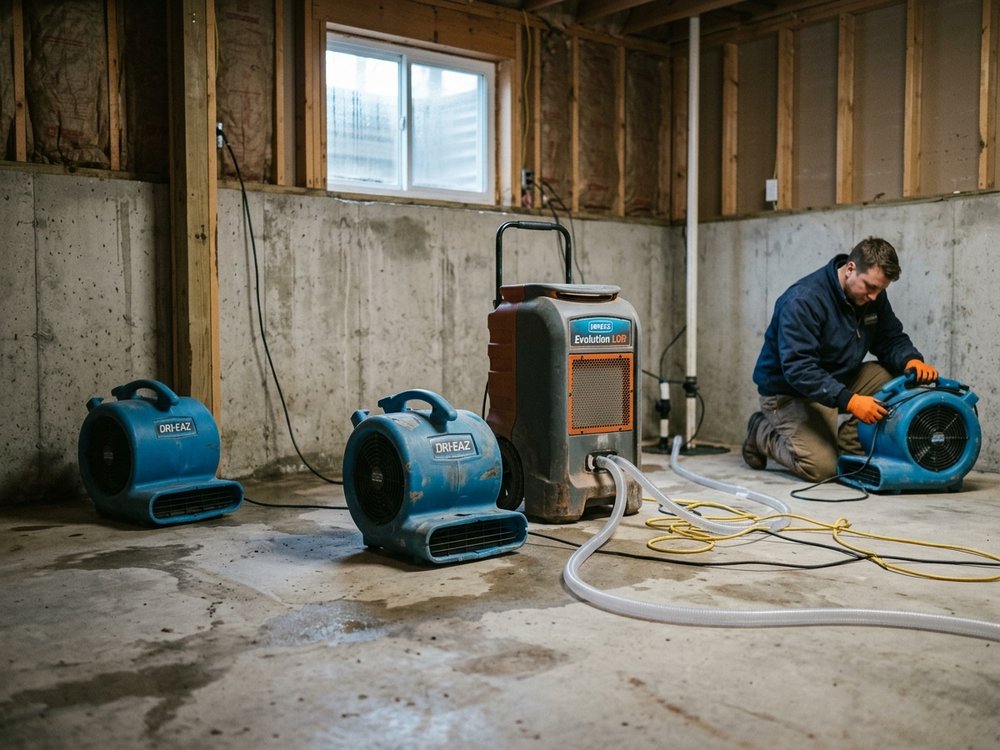Air movers and dehumidifiers drying a flooded basement