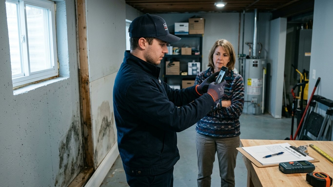 Homeowner reviewing a water damage insurance claim with documentation