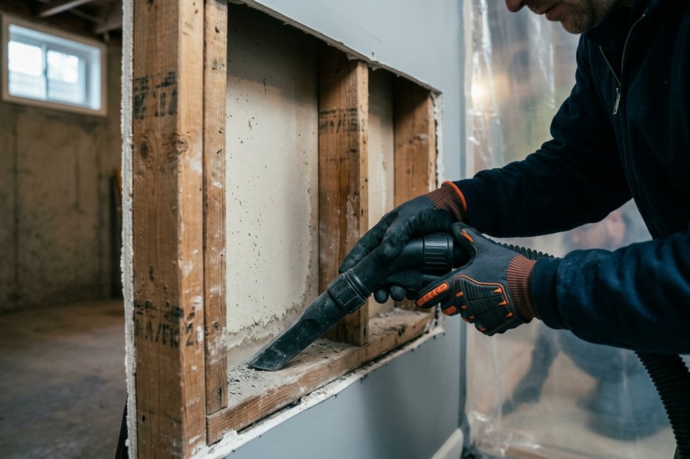 Containment barrier and HEPA air scrubber set up for mold removal