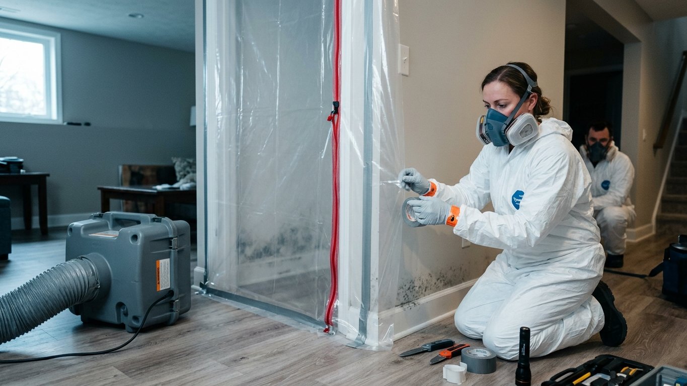 Technician in protective gear performing mold remediation under containment