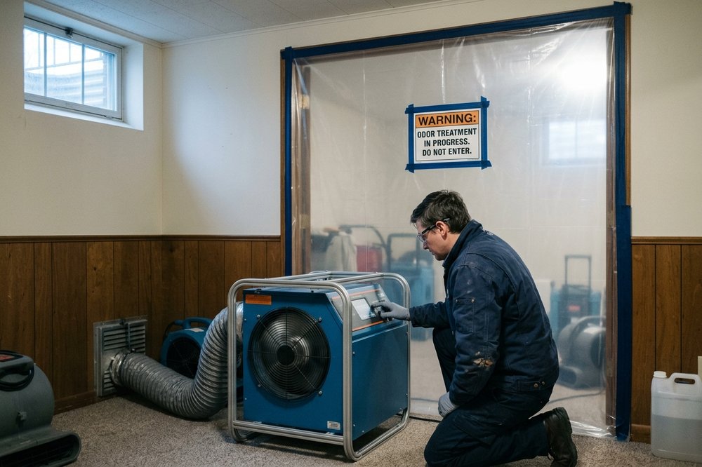 Odor treatment equipment running in a sealed room during source treatment