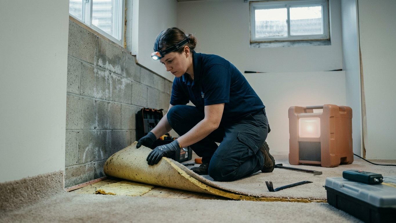 Technician inspecting the source of an odor problem in a basement with detection equipment