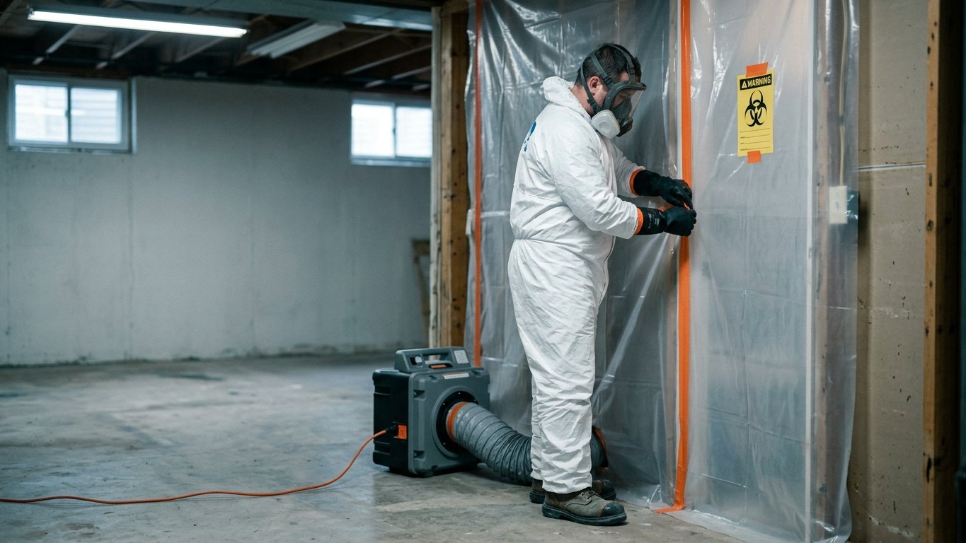Restoration technician in protective equipment cleaning up a sewage backup
