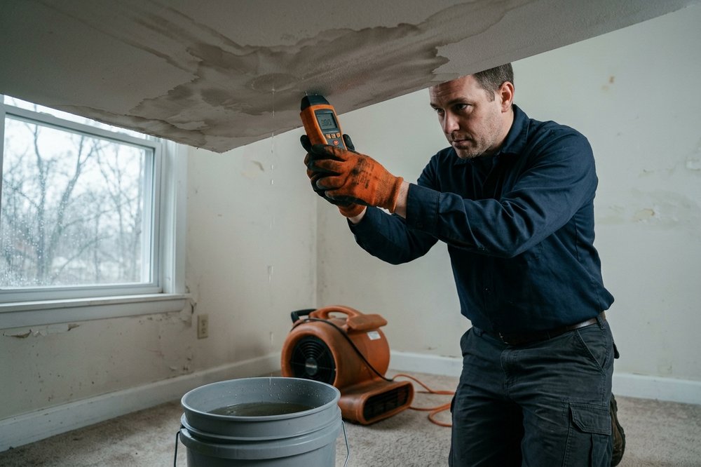 Water being extracted from a ceiling after storm damage