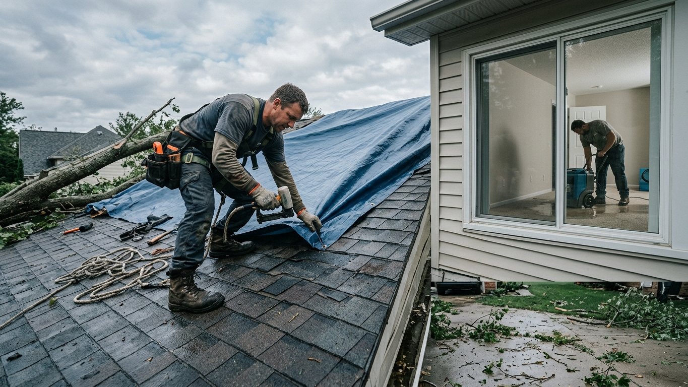 Crew tarping a storm-damaged roof after a Michigan storm