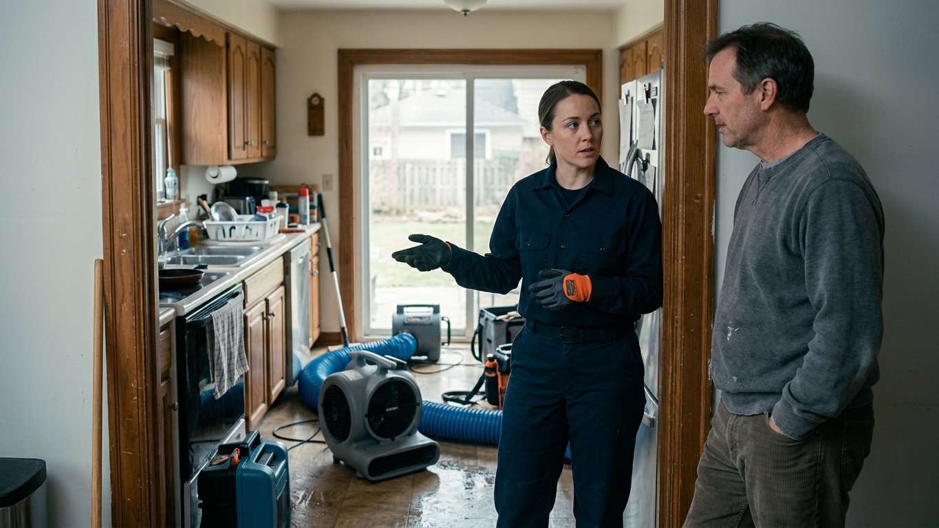 Homeowner on the phone getting water damage questions answered