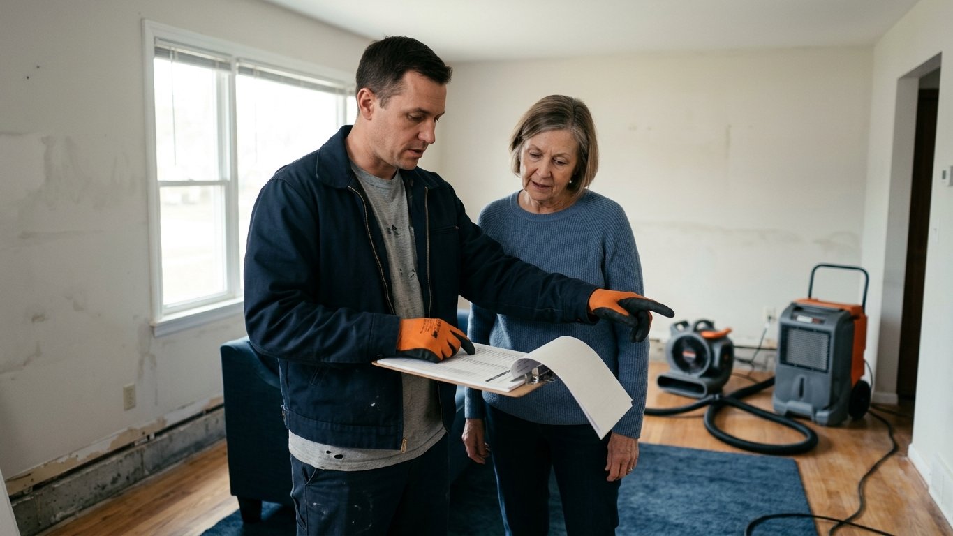 Estimator documenting water damage scope with moisture meter and tablet